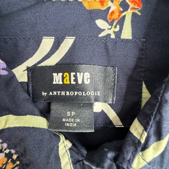 Maeve Anthropologie SP Floral Puff Sleeve Button Down Blouse Navy Cotton - Picture 4 of 9